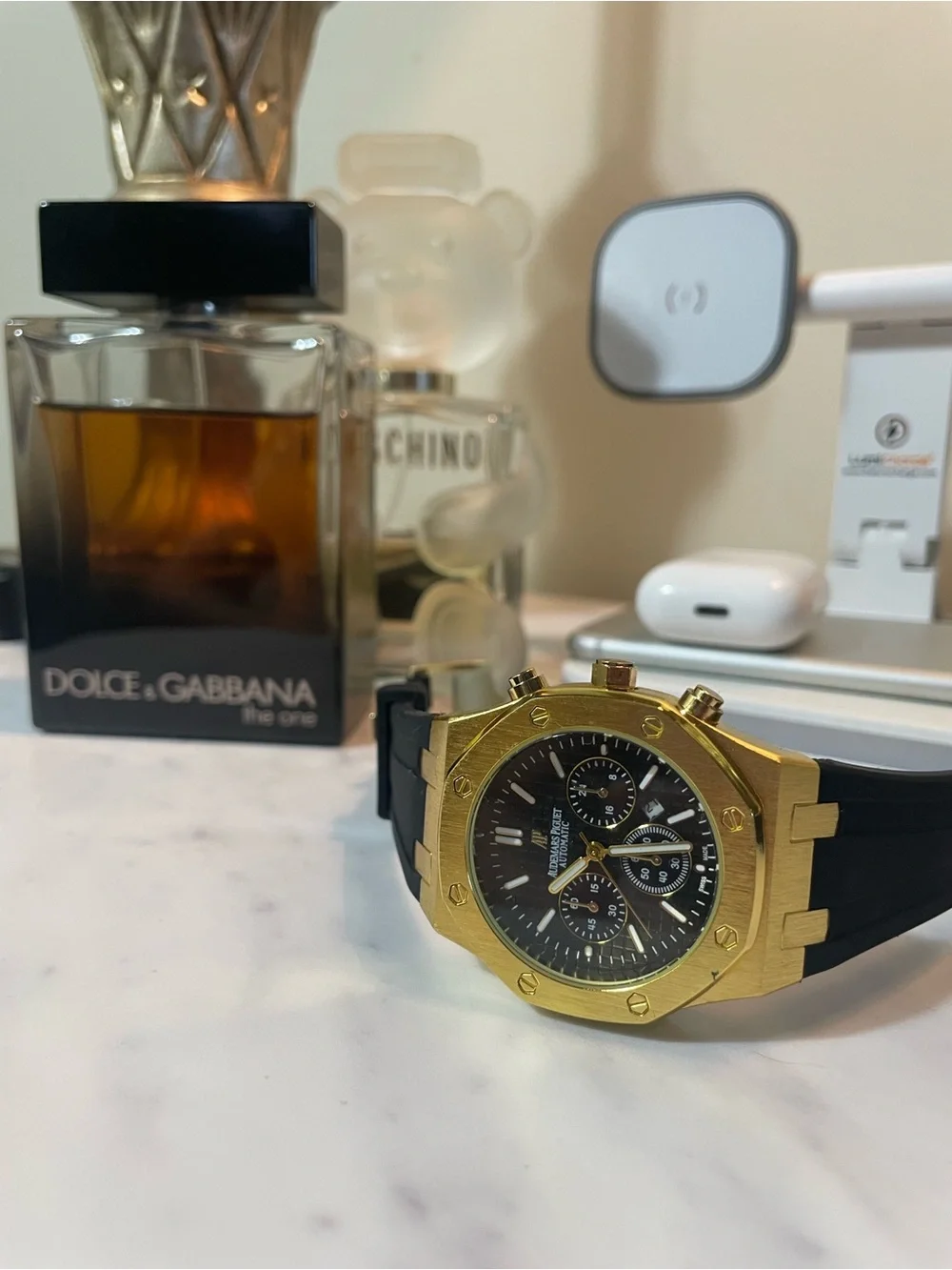 Gold-Tone Chronograph Men's Watch with Black Strap royal design